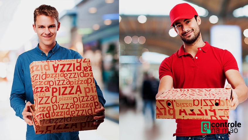 cliente com caixa de pizza na mão e entregador com caixa de pizza na mão. sistema para restaurantes controle na mão