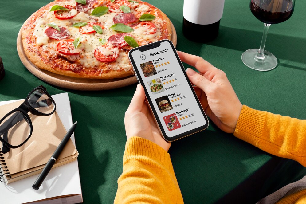pessoa segurando um celular na mão em cima de uma mesa com uma pizza