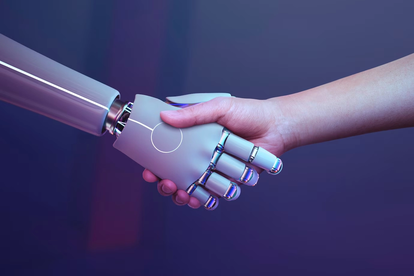 Mão robótica e humana em um aperto de mãos